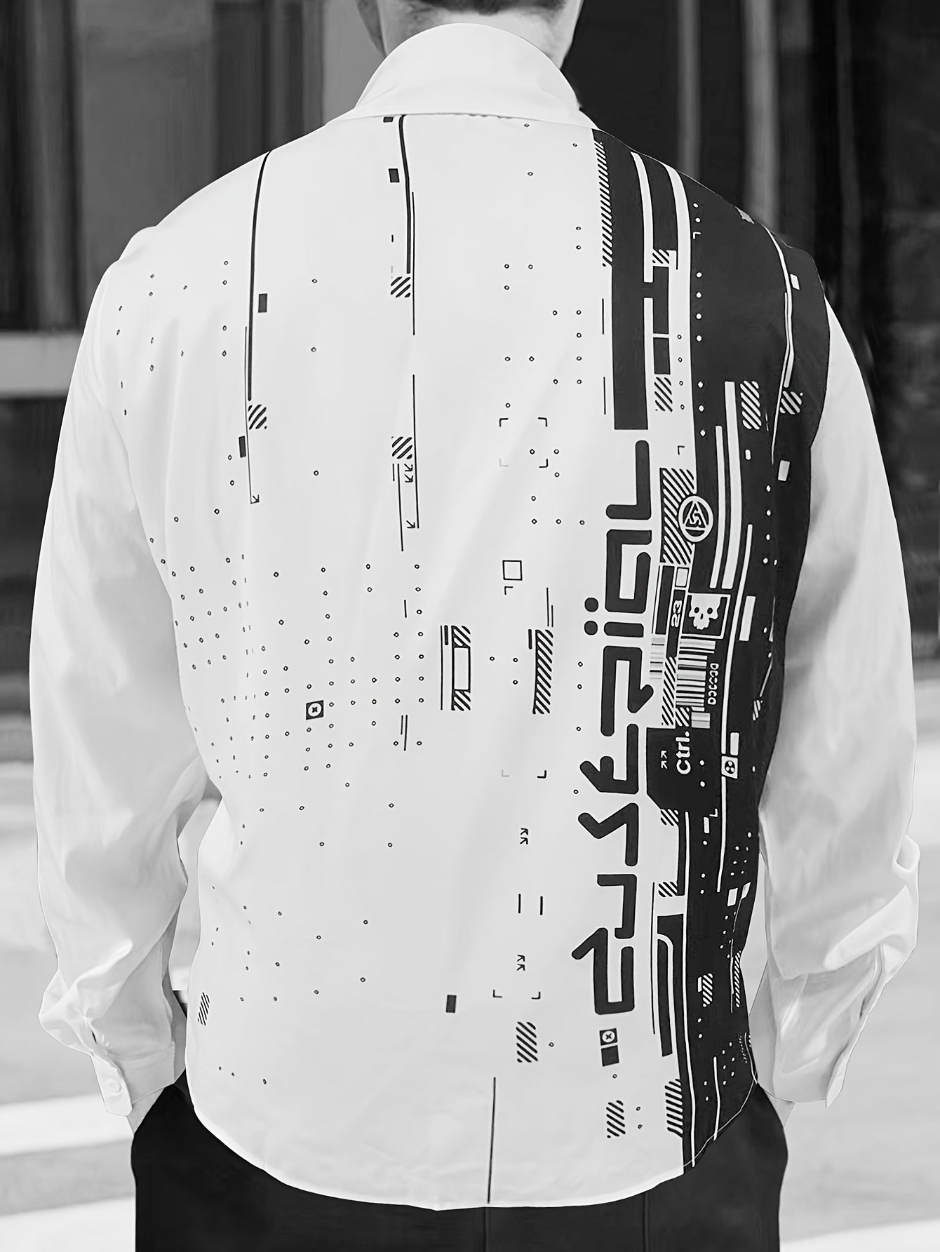 Men's Plus Size Casual Shirt Black and White Geometric Print Polyester Spandex Woven