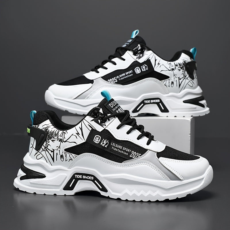 Men's Vintage Preppy Style Sneakers with Cartoon Pattern Breathable Non-Slip PU Casual Shoes