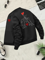 Plus Size Women's Casual Jacket Black Cartoon Dog Heart Print Zip Up Long Sleeve