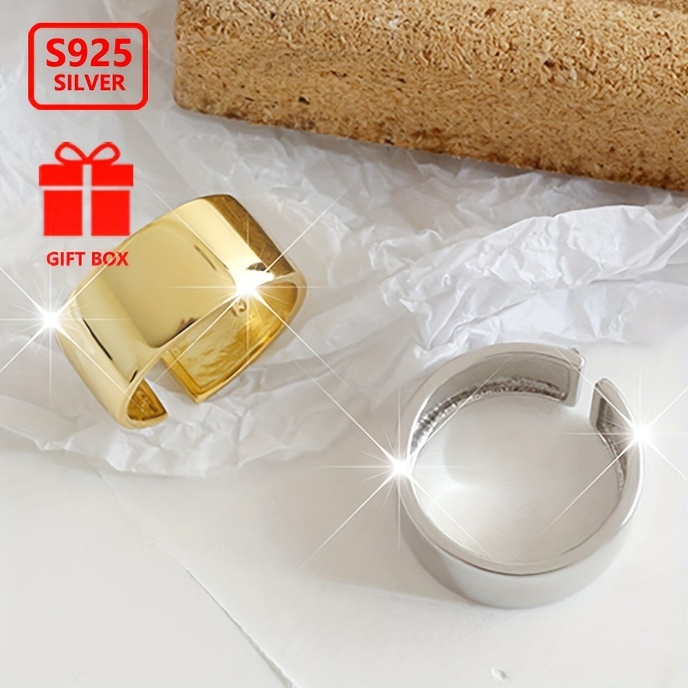 Women’s Sterling Silver Adjustable Open Band Ring Wide Face Smooth Finish for Parties and Gifts