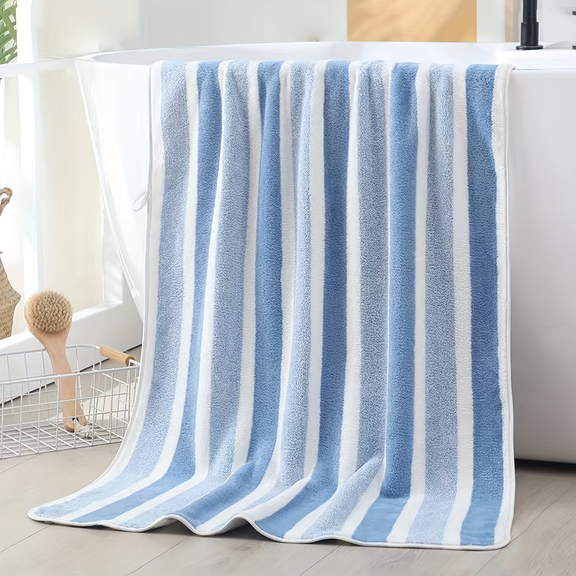 Striped Coral Fleece Bath Towel Quick-Dry Ultra Absorbent Skin-Friendly Space Themed
