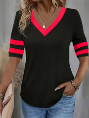 Women's Black V-Neck T-Shirt with Red Accents Stretchy Casual Top
