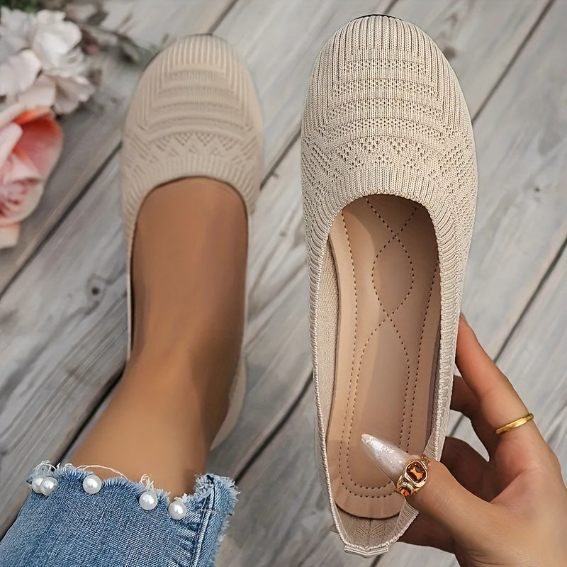 Women's Breathable Knit Slip-On Flats Casual Shoes Beige Fabric All-Season