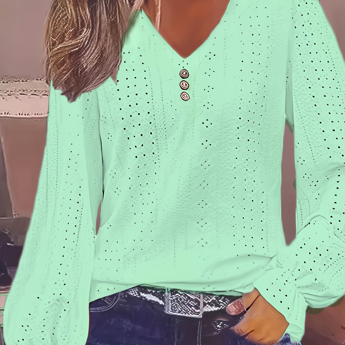 Plus Size Eyelet Button Decor T-Shirt Casual V Neck Long Sleeve Top