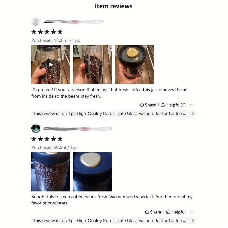 Havoni chiqaradigan yopqichli shisha qahva bankasi, loviya, don va choy uchun vakuum yopqichli qopqoq bilan