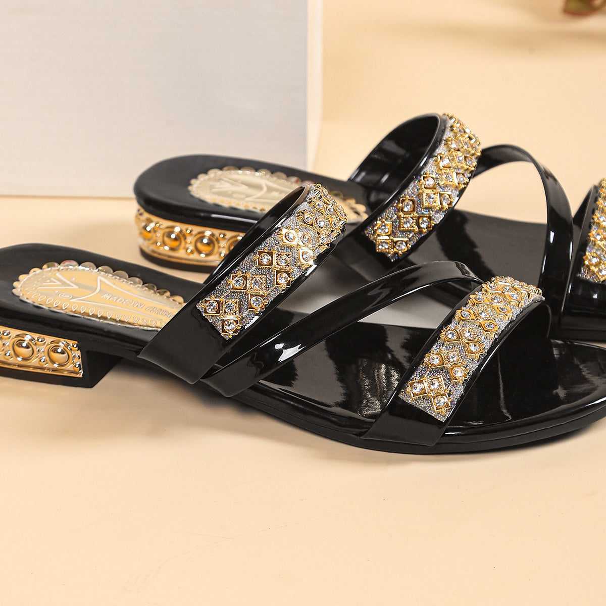 Women Golden Slide Sandals with Rhinestones Open Toe Low Heel