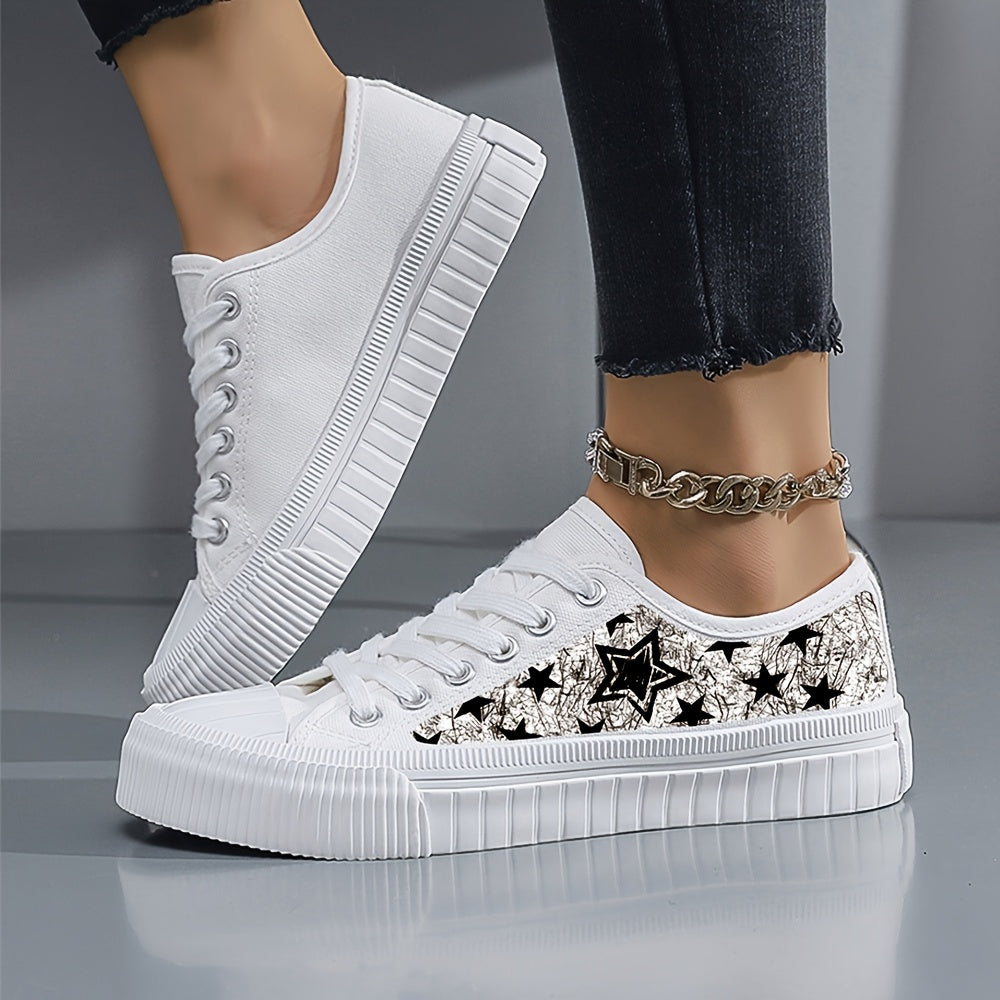 Women's Black White Star Print Casual Sneakers Low-Top Lace-Up Skate Shoes