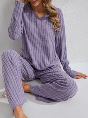 Women's Long Sleeve Pajama Set with Pants for Autumn Winter Solid Color Micro Elastic Polyester
