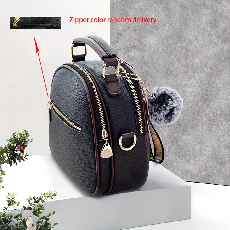 Women's Large Capacity Brown and Gray PU Handbag with Adjustable Strap and Zipper Closure