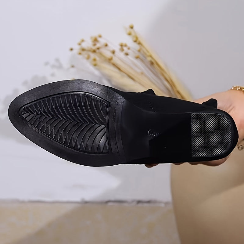 Women's Elastic Mid-Calf High Heel Boots Black Leather