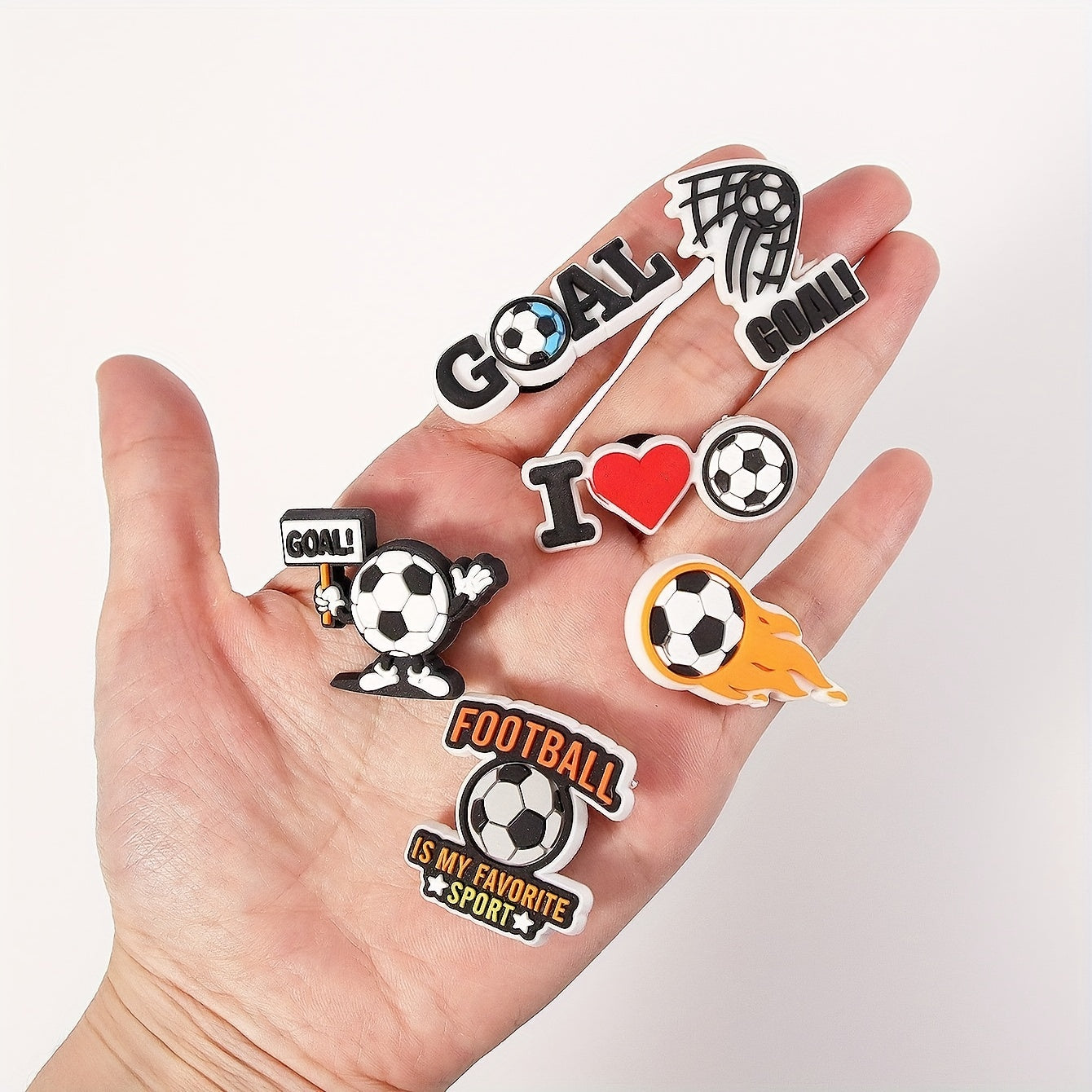 Unisex PVC Football Shoe Charms 6-Pack Soccer Ball Goal Designs