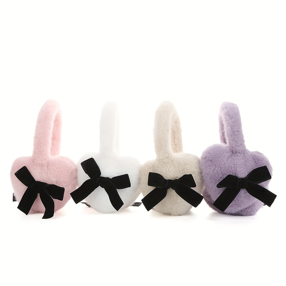 Women's Plush Heart-Shaped Earmuffs with Black Bow Warm Cozy Winter Accessory