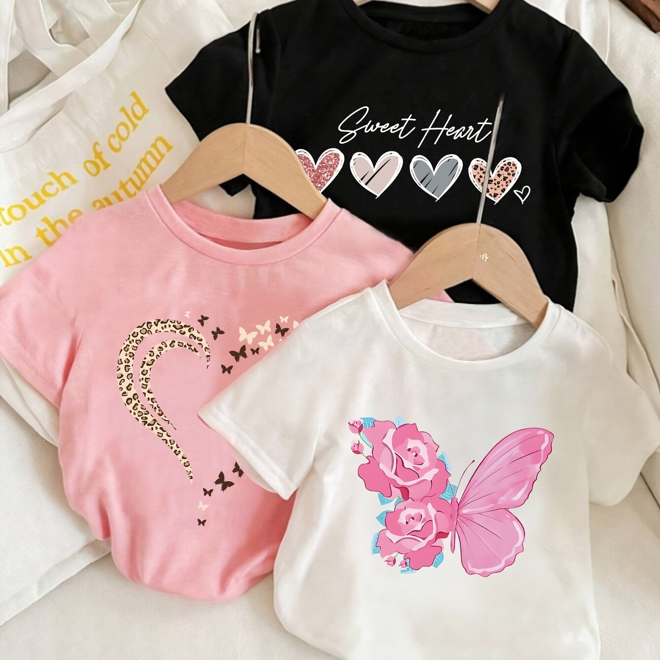 Girls' Casual T-Shirt Set 3pcs Summer Leopard Print Love Letter Butterfly Age 12 and Under