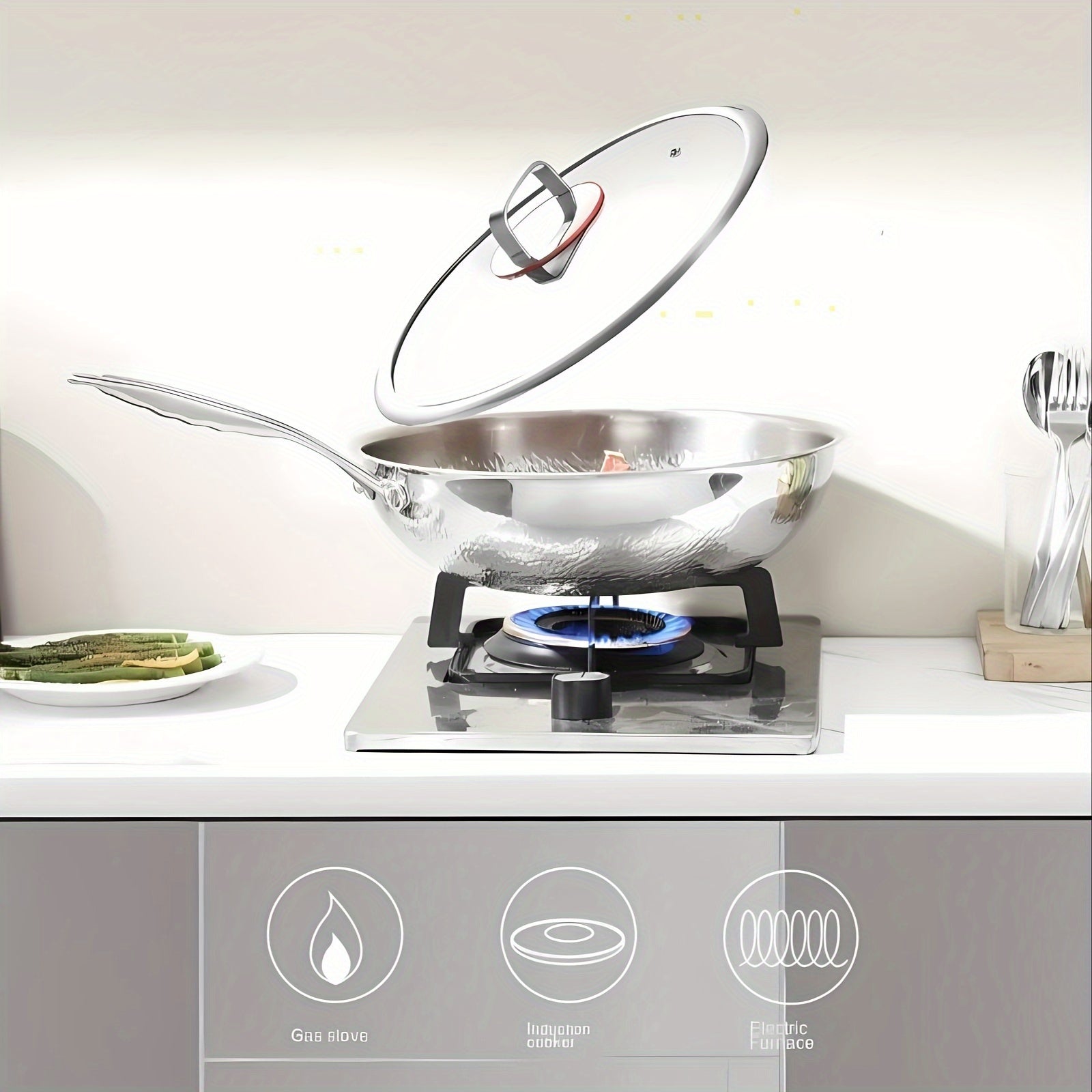 Titanium-Coated Wok with Lid 33cm Hammered Tri-Ply Stainless Steel Dishwasher Safe