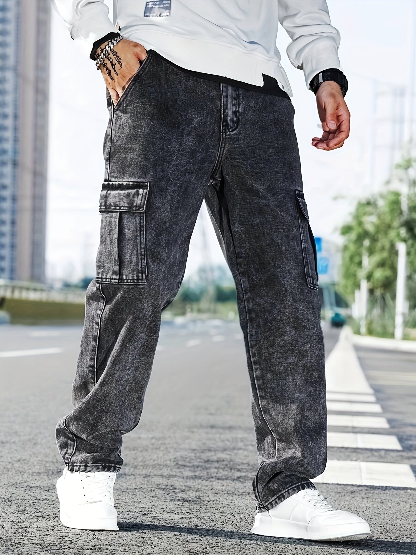 Men's Cargo Jeans Casual Loose Fit with Flap Pockets Durable Cotton Blend All-Season Blue Denim