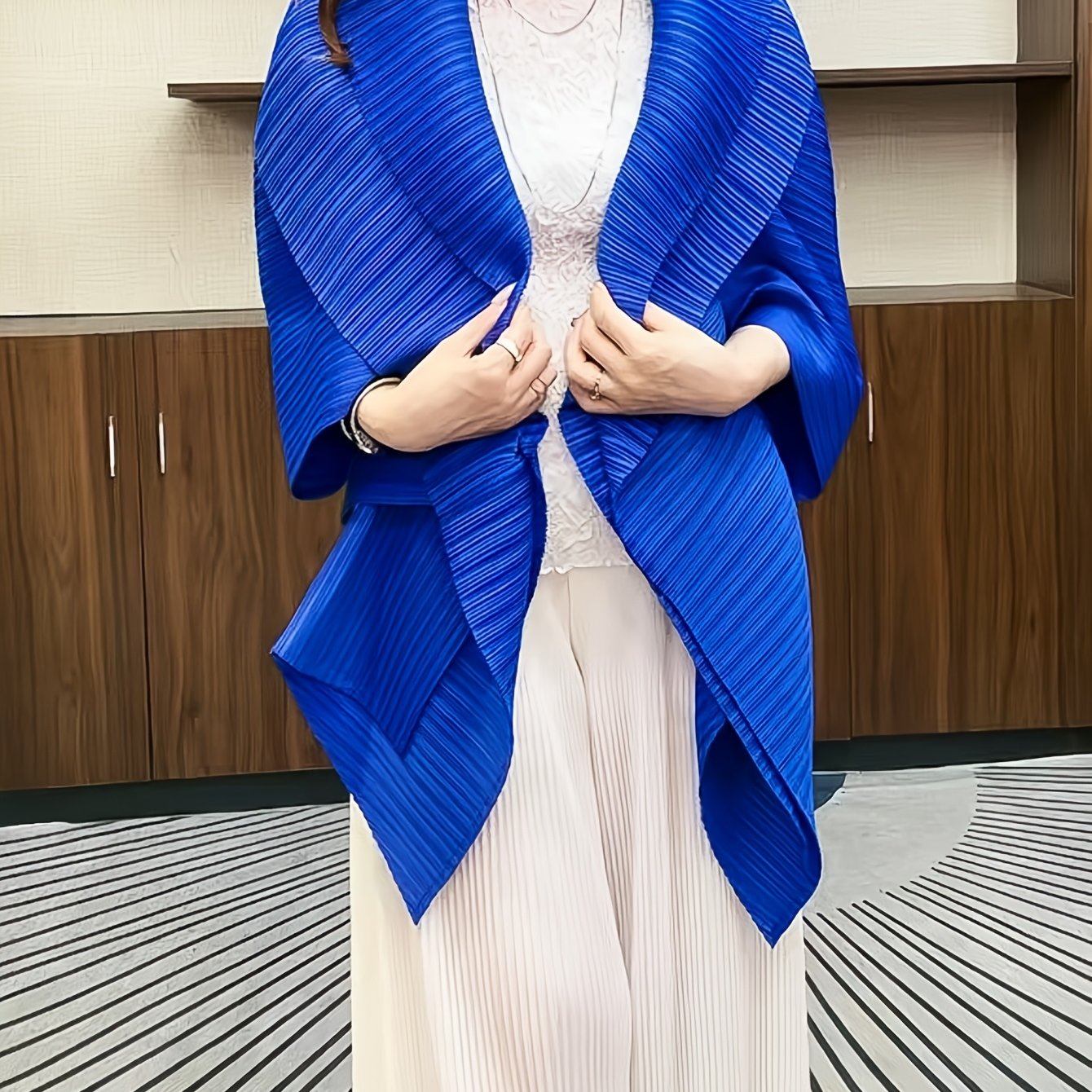 Plus Size Women's Blue Ribbed Cardigan Open Front Short Jacket Spring Fall Casual Formal