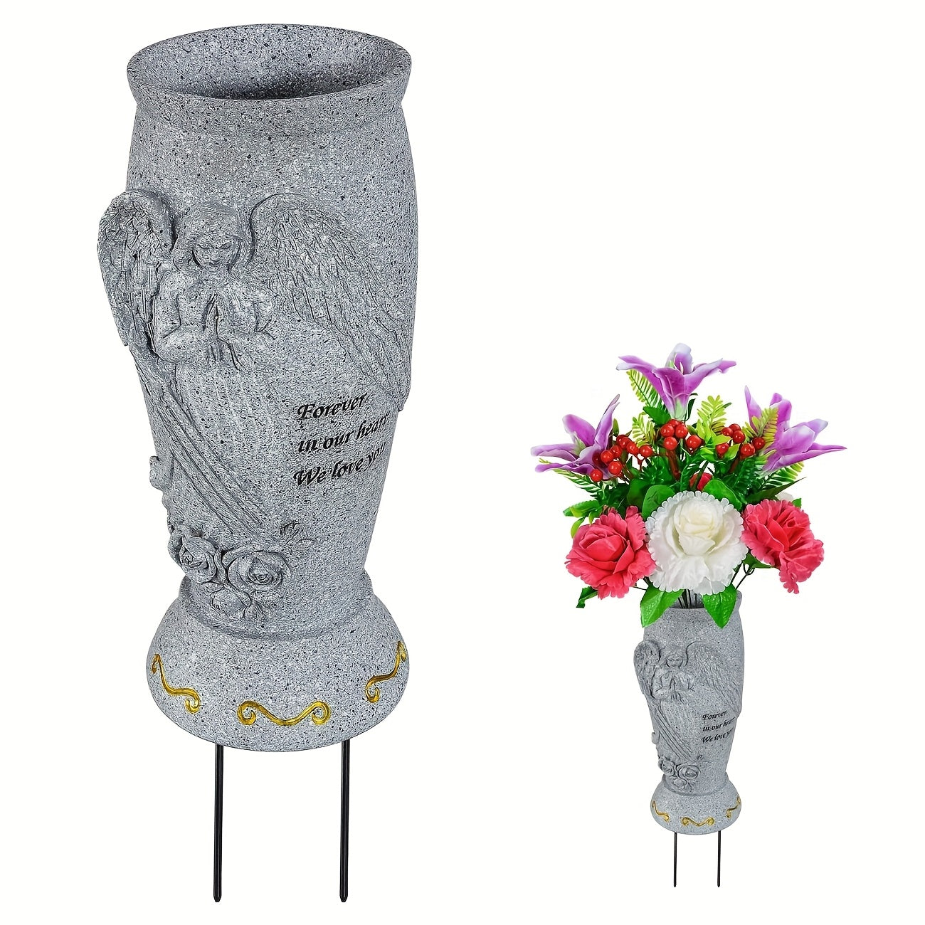 Angel Memorial Cemetery Vase with Ground Spikes for Flowers Engraved Forever in Our Heart