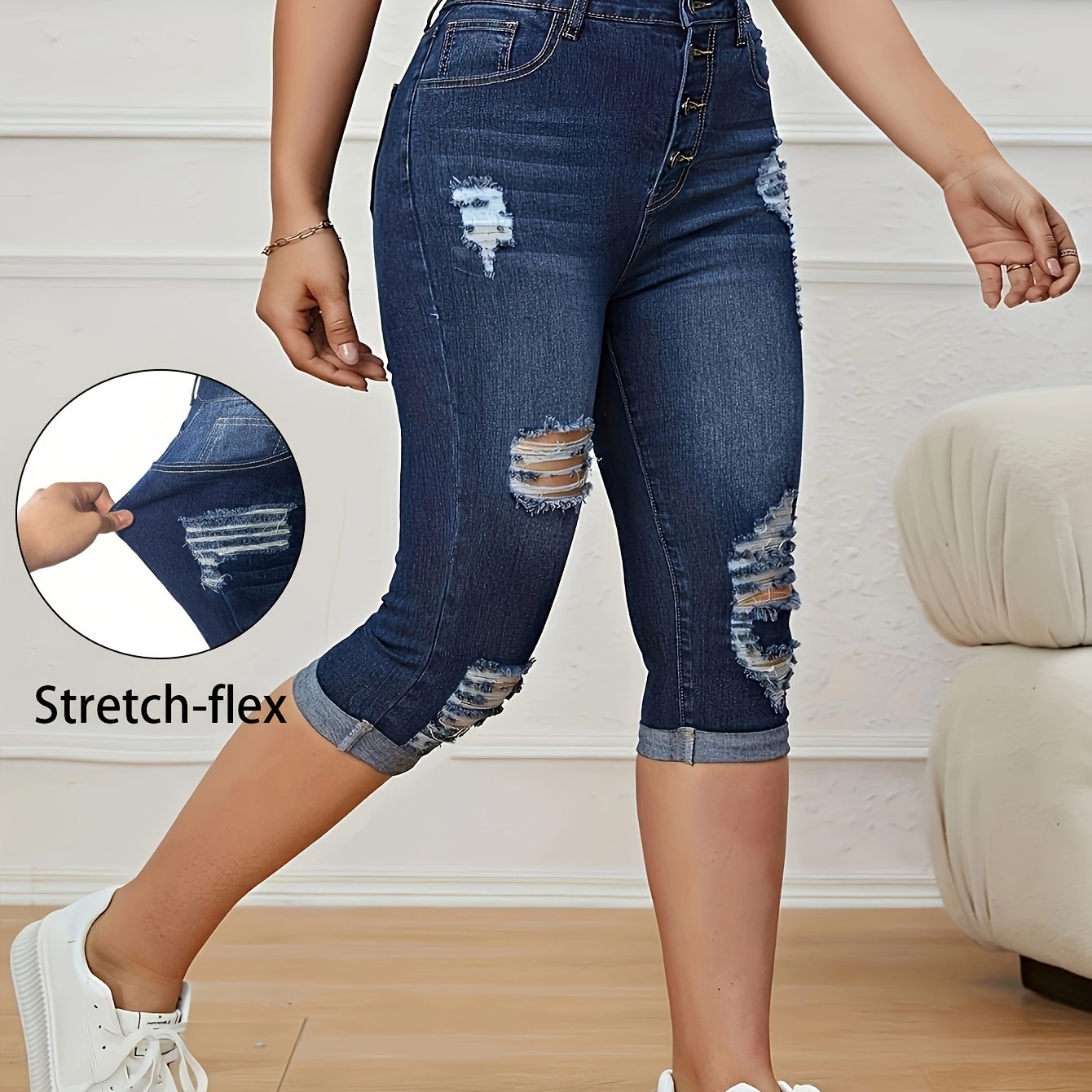Pantalones capri de mezclilla de tiro alto con roturas y dobladillo enrollado para mujer talla plus