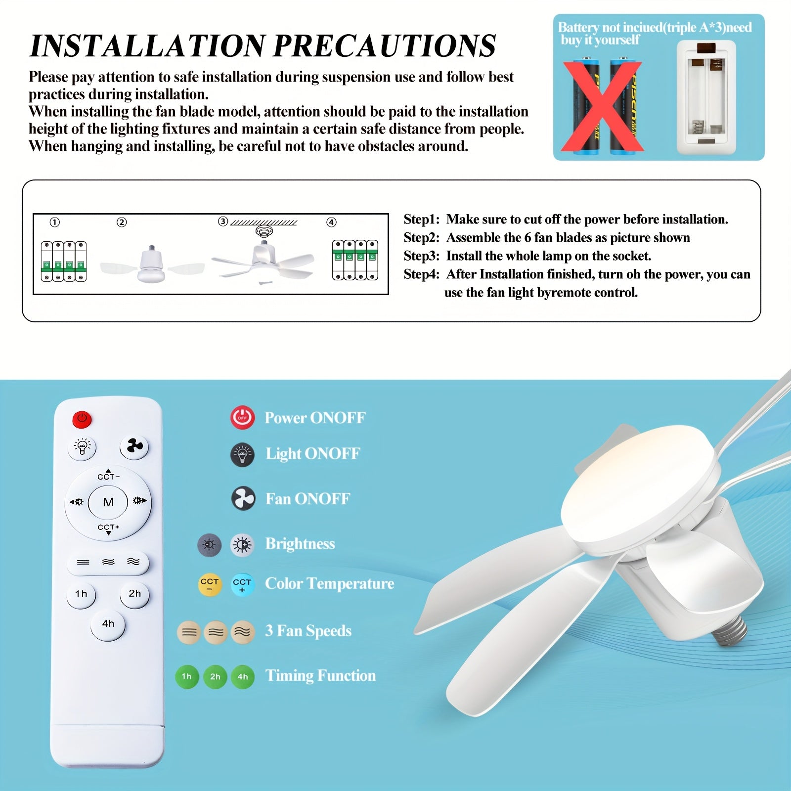 2pcs Socket Fan Light with Remote Control E26 E27 Dimmable LED for Bedroom