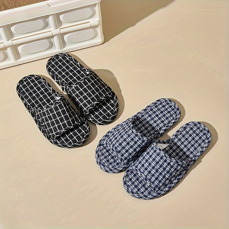 Women's Plush Fabric Slip-On Indoor Slippers with Checkered Pattern