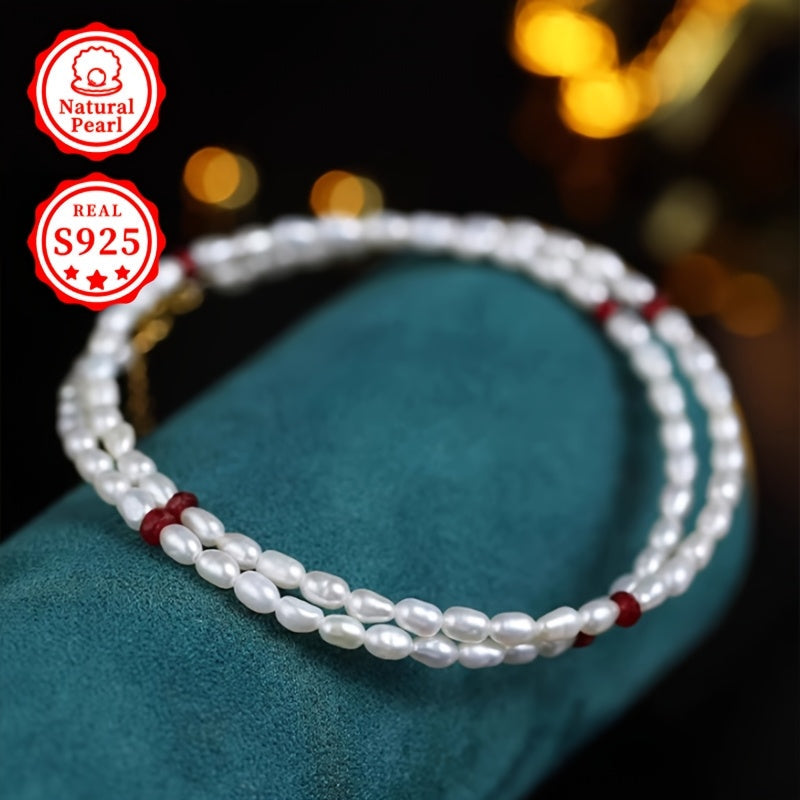 Women’s Freshwater Pearl Necklace with Silver Clasp Adjustable Rice-Shaped June Birthstone Jewelry