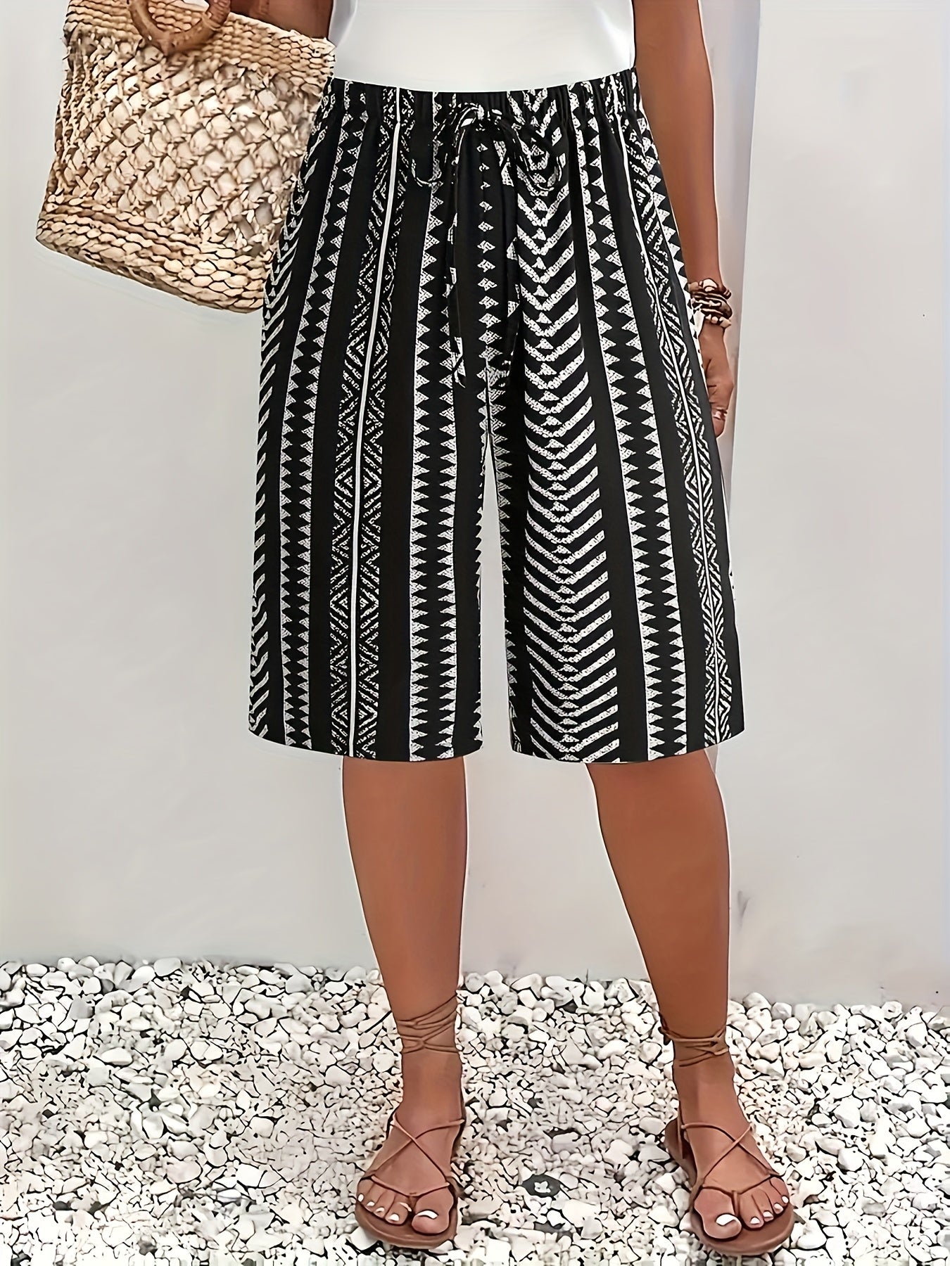 Women Bermuda Shorts Bohemian Tribal Print High-Waisted Loose Fit Summer Lightweight Polyester