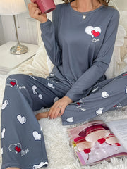 Plus Size Women's Casual Heart Print Long Sleeve Pantsuit