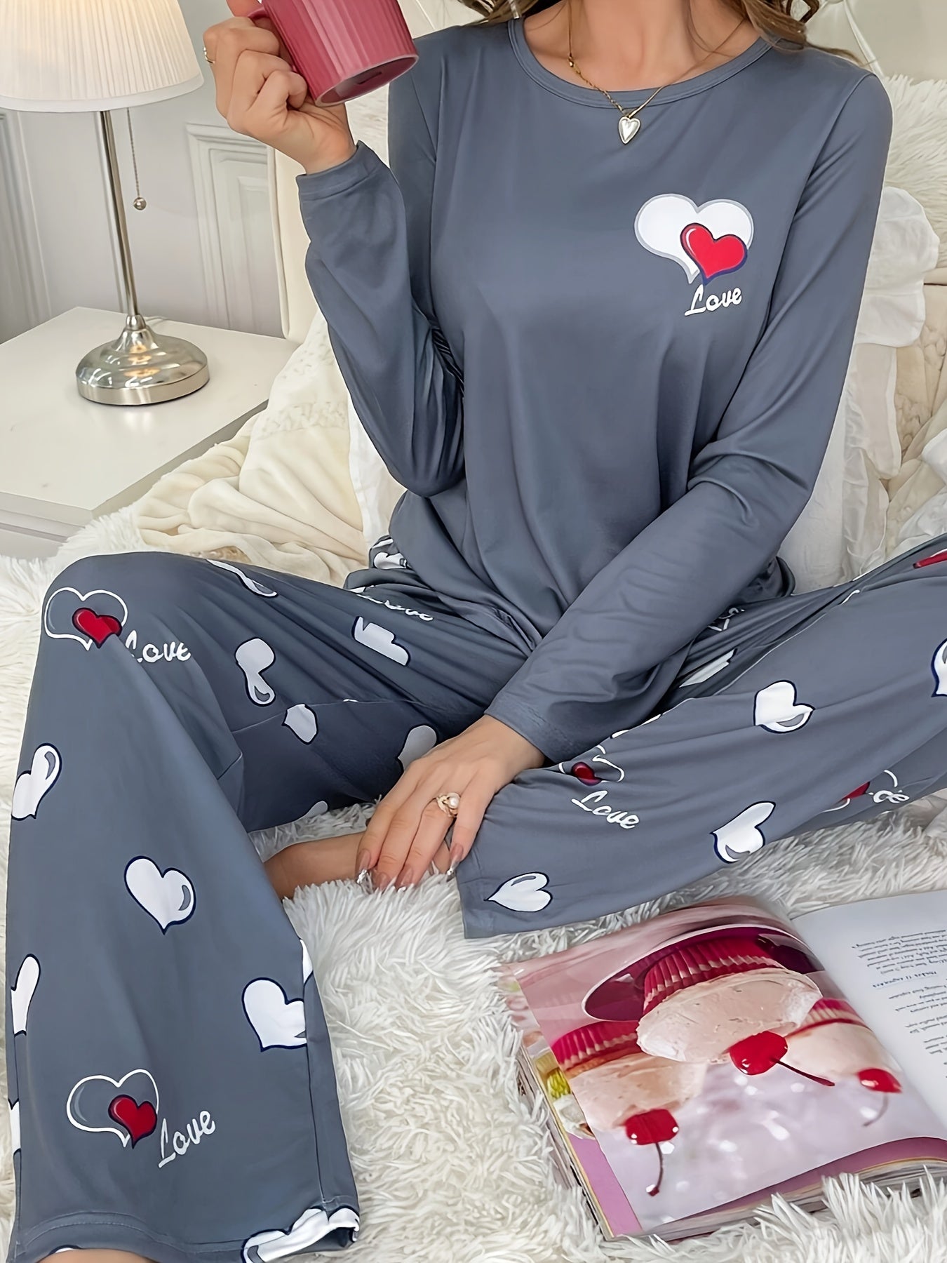 Plus Size Women's Casual Heart Print Long Sleeve Pantsuit
