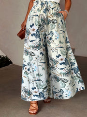 Women's Plus Size Floral Wide Leg Pants Elastic Waist Pockets