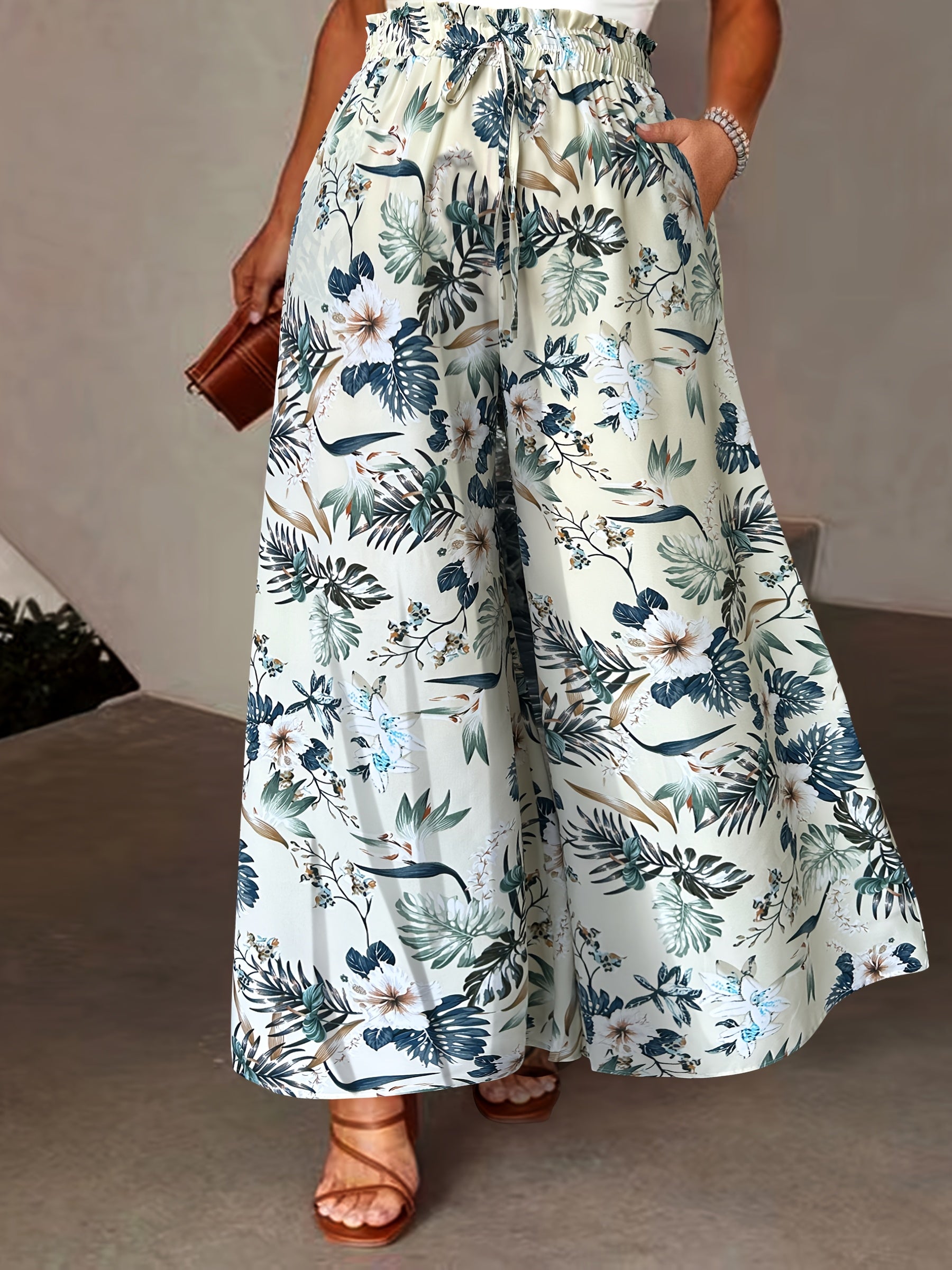 Women's Plus Size Floral Wide Leg Pants Elastic Waist Pockets