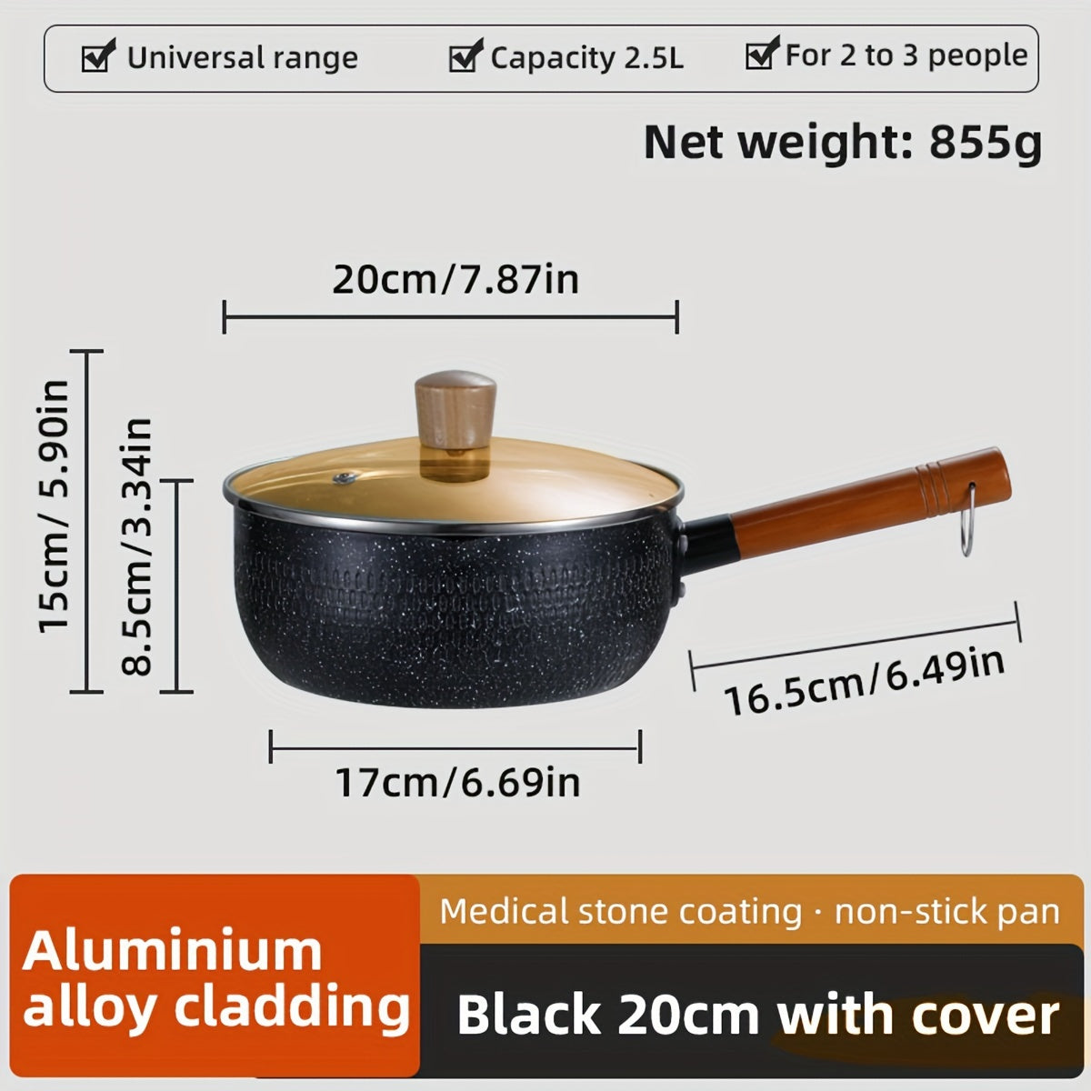 Ushbu yopishqoq bo'lmagan alyuminiy qozon sho'rva, sut va makaron tayyorlash uchun mo'ljallangan. U induktsion pechlar bilan mos keladi va uy oshxonalarida foydalanish uchun ideal.