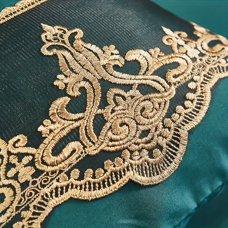 Green Lace Bedding Set with Quilt Cover and Pillowcases Solid Color All-Season Polyester