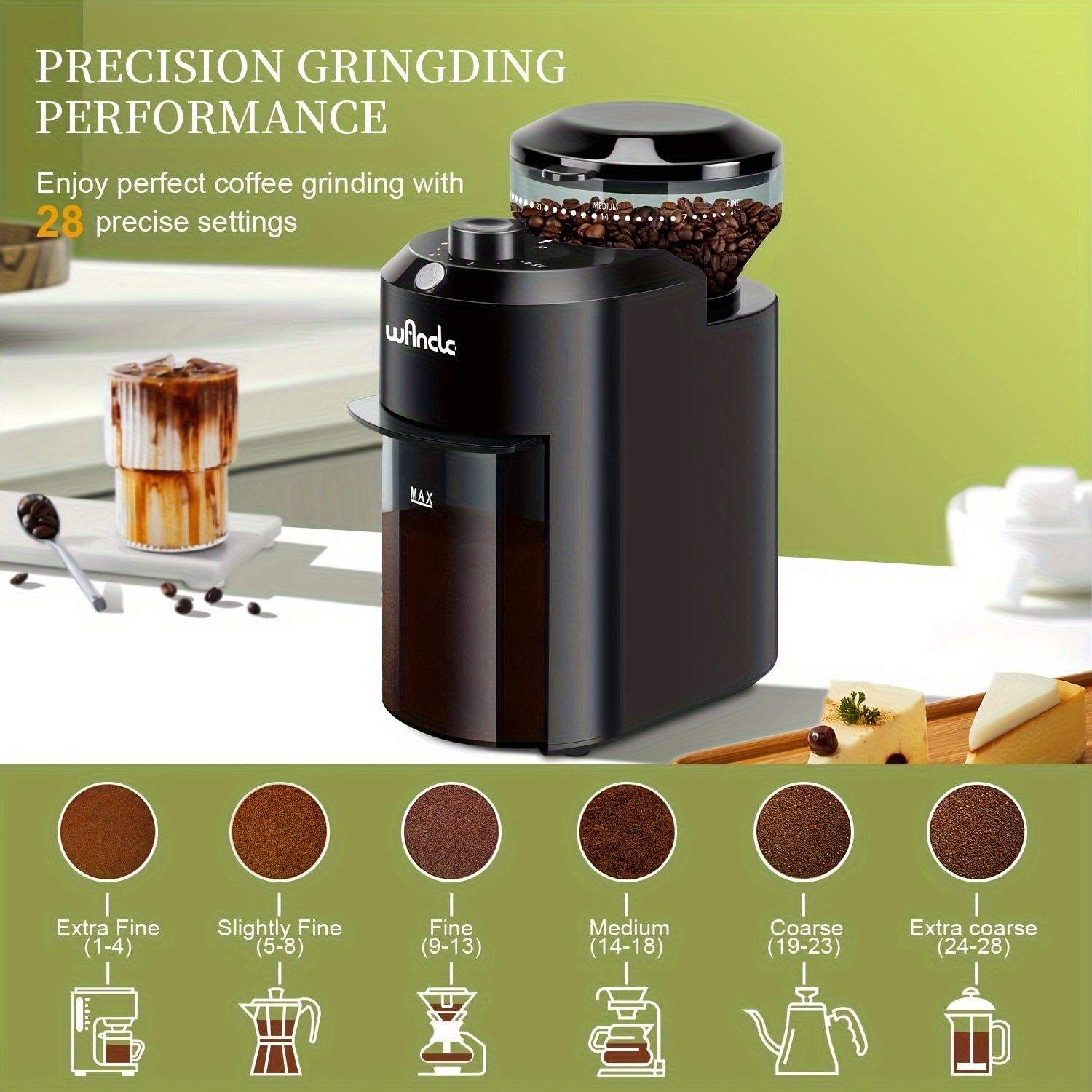 Electric Coffee Bean Grinder with 28 Adjustable Settings for 12 Cups