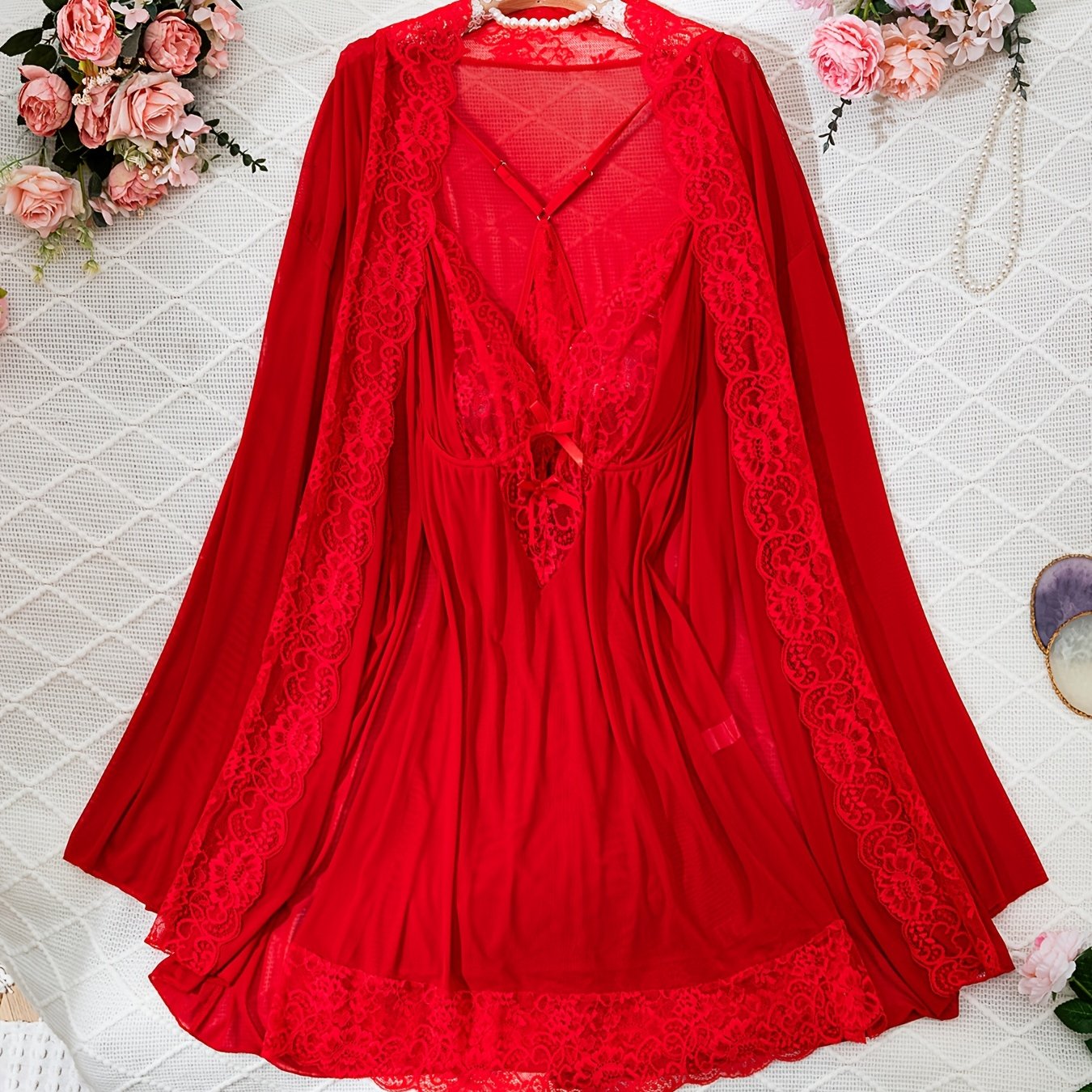 Women's Red Lace-Trimmed Semi-Sheer Lingerie Set with Robe and Slip Dress