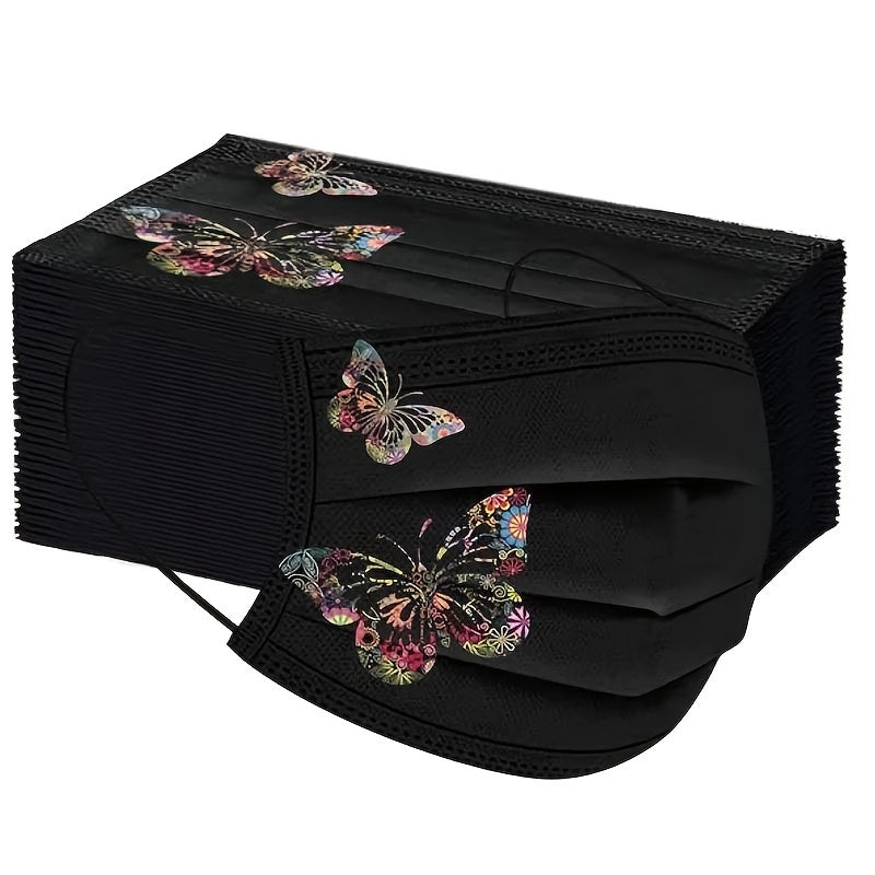 Set of 10 Black Butterfly Print Woven Face Masks with Elastic for Women Men Teens