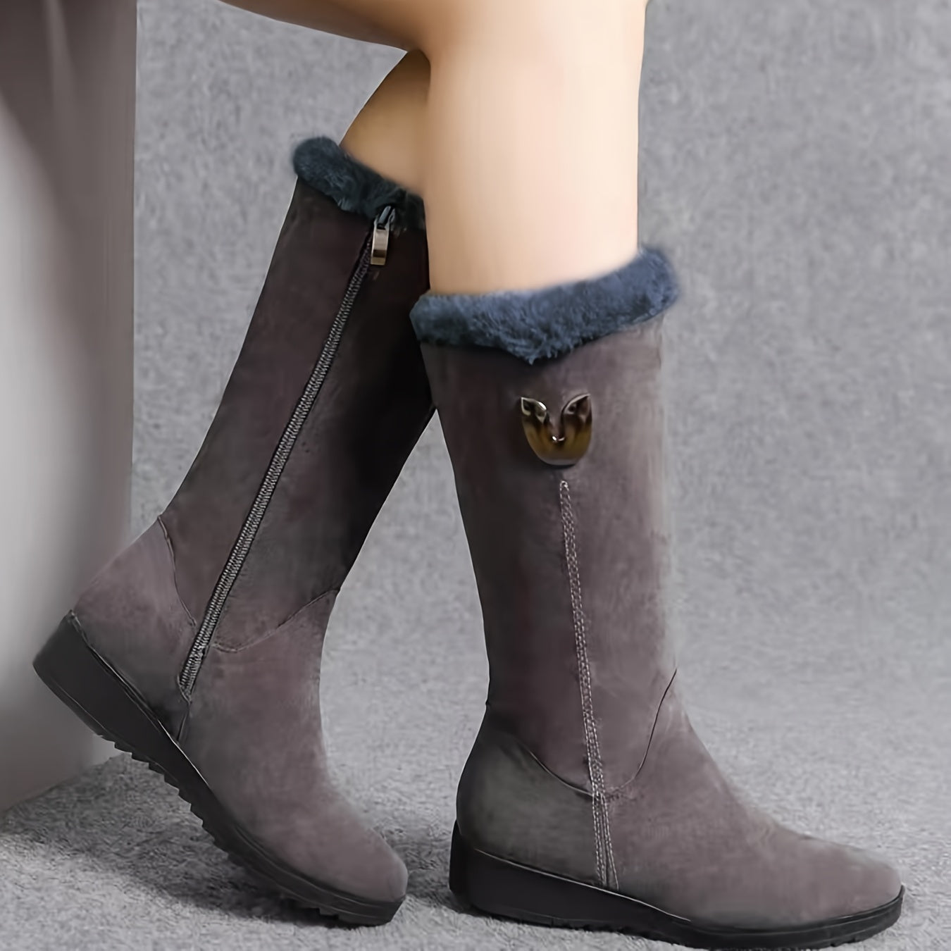 Women's Fleece-Lined Mid-Calf Winter Ankle Boots Flat Sole