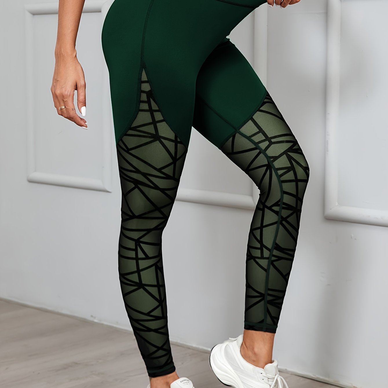 Women's High Waist Geometric Mesh Leggings for Yoga and Fitness Medium Stretch Polyester