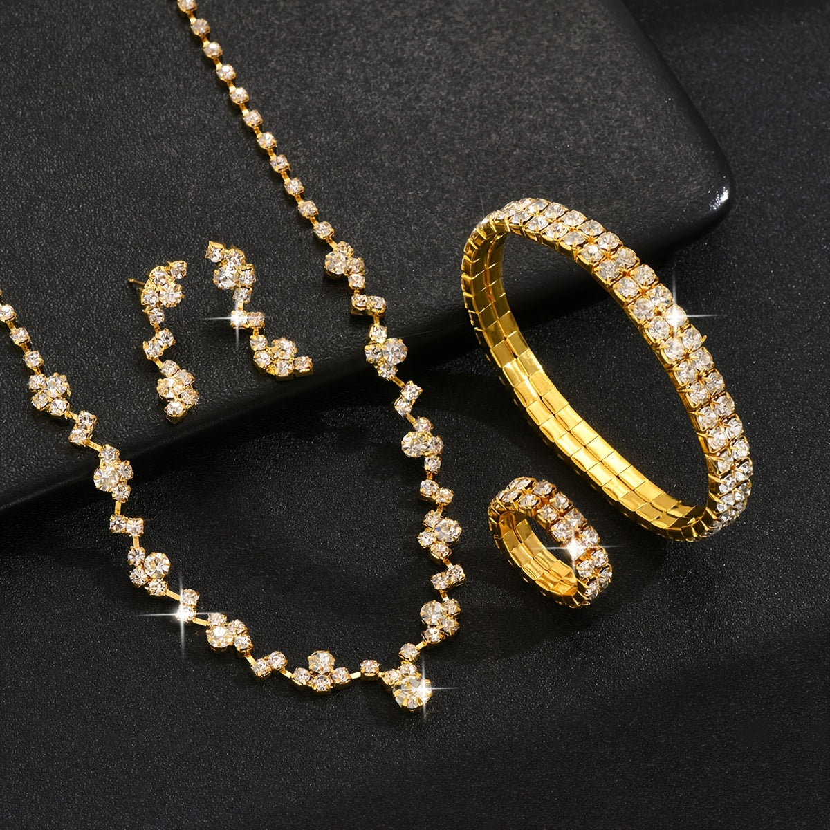 Women's Jewelry Set with Necklace Bracelet Earrings Ring in Gold Silver Black for Weddings