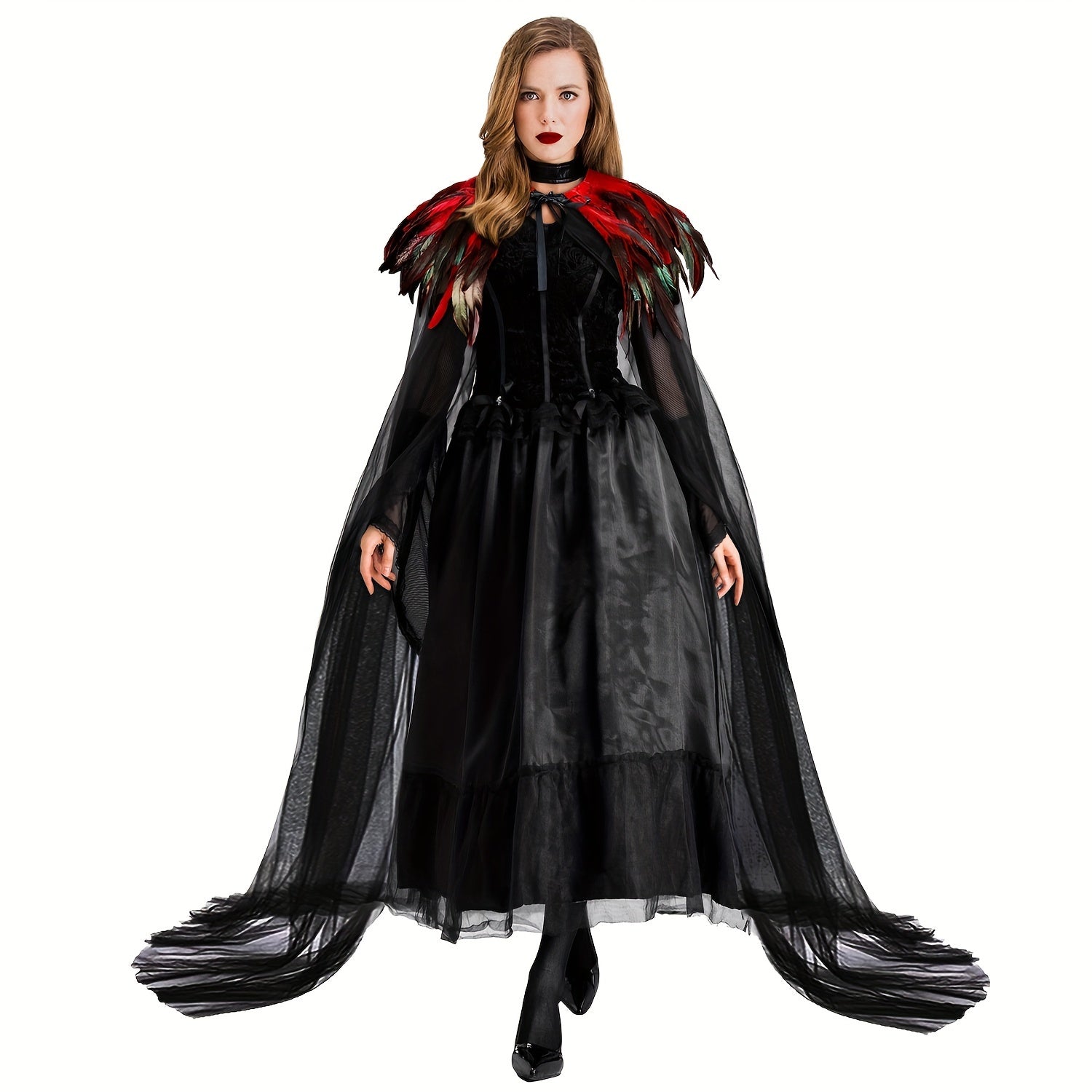 Evil Queen Witch Costume for Women with Feathered Cape Long Robe and Shawl