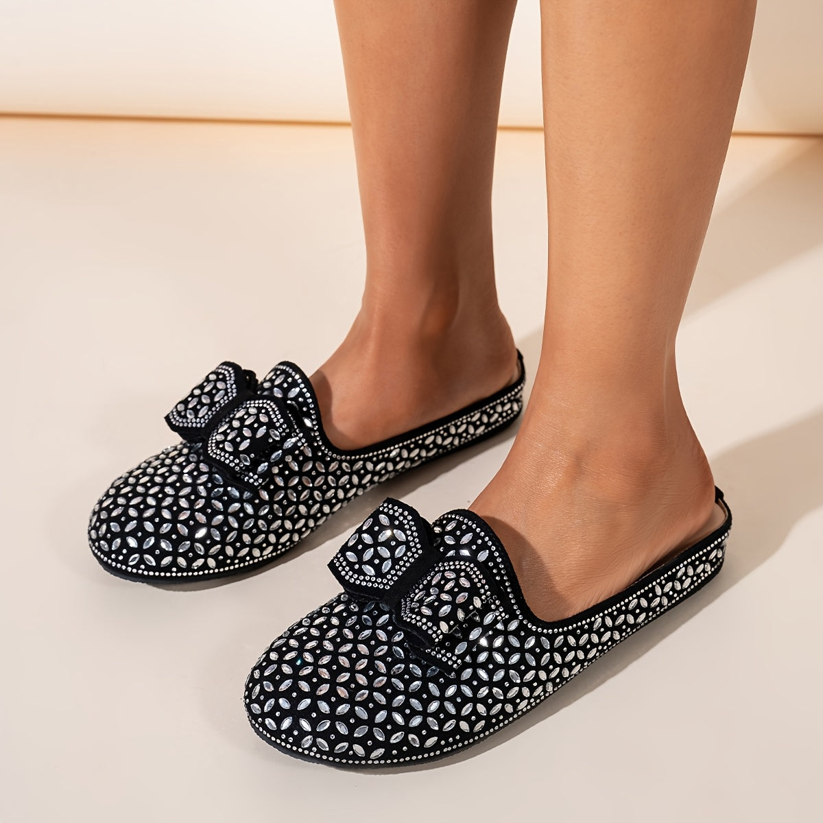 Women's Vintage Rhinestone Bowknot Mules Black Fabric Flats All-Season