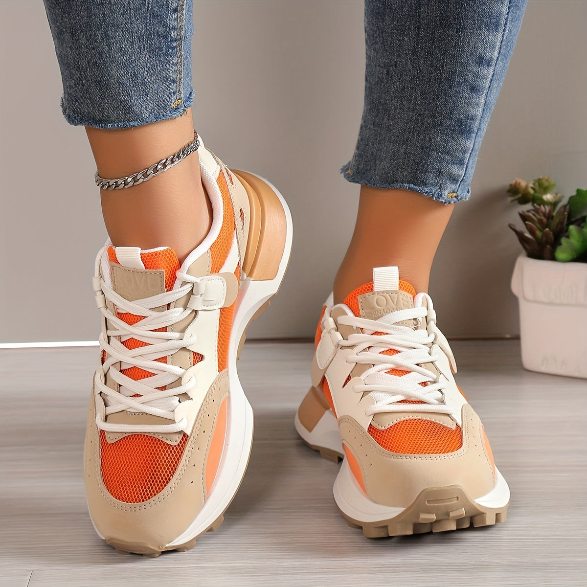 Women’s Colorblock Casual Sneakers, Lace Up Low-Top Breathable Trainers