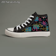 Women’s Black and White High-Top Sneakers with Star Print and Canvas Upper