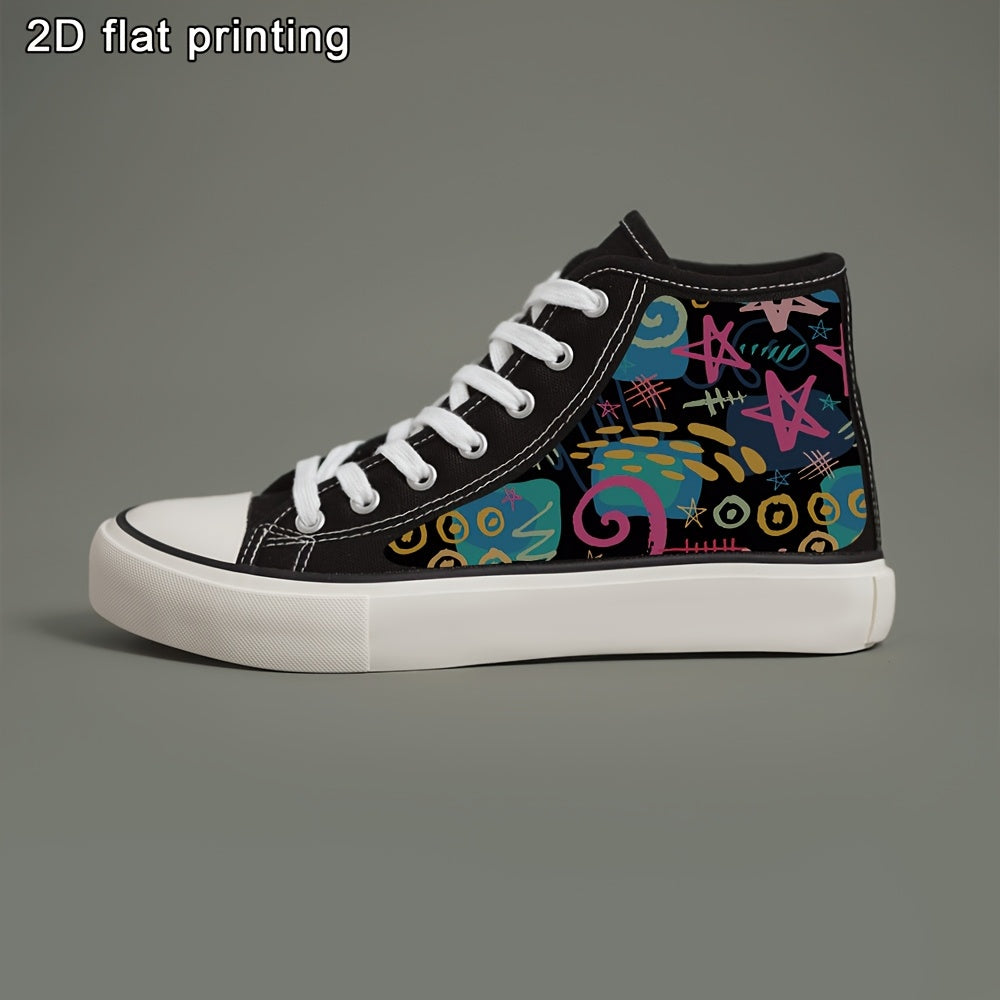 Women’s Black and White High-Top Sneakers with Star Print and Canvas Upper