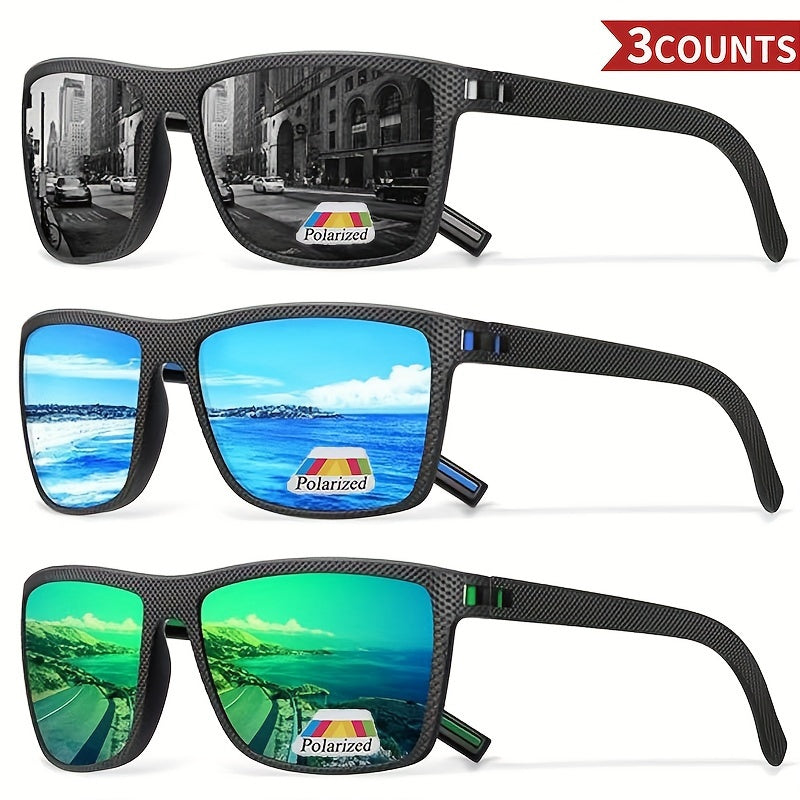 Men's Polarized Fashion Glasses Set of 3 Vintage Square Frames Multi-Color for Outdoor Sports Fishing Beach