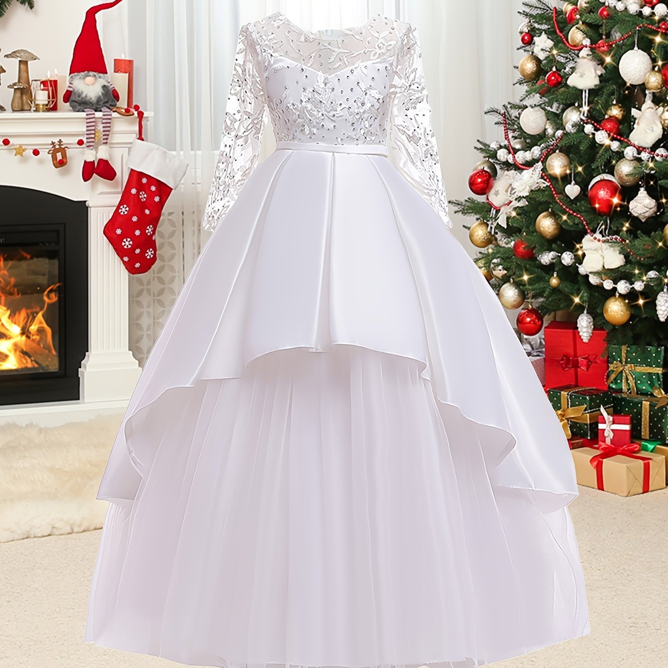 Girls Long Sleeve Tulle Wedding Dress with Bow Crew Neck Fit and Flare All-Season Costume