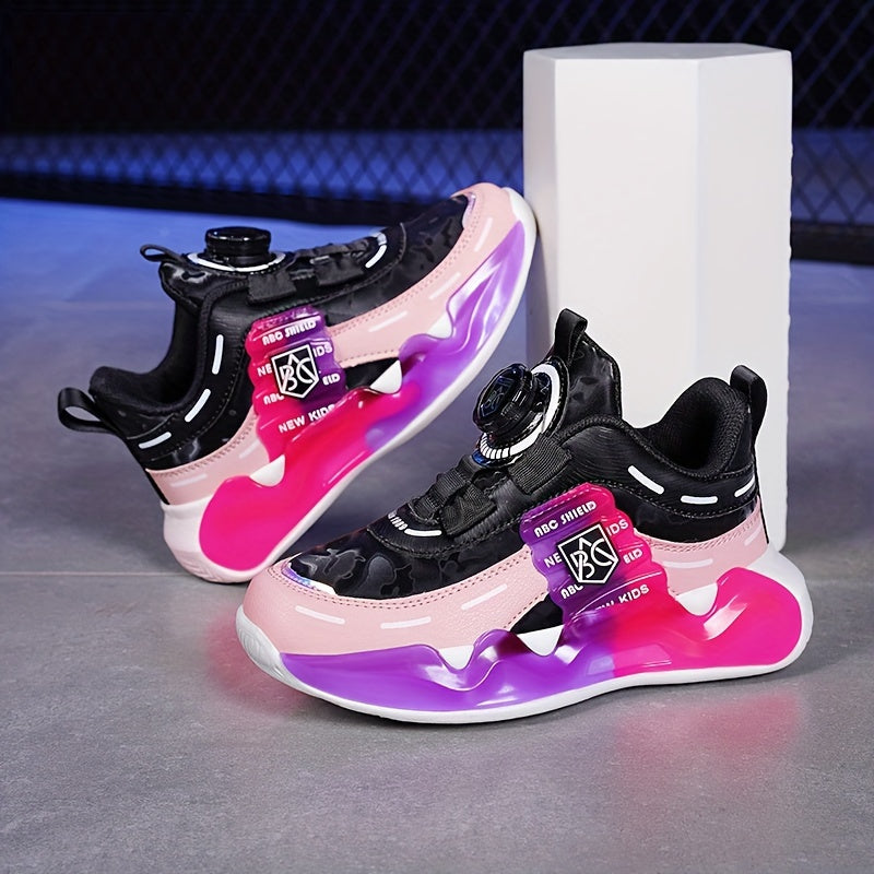 Girls Casual Platform Sneakers with Rotating Button Shock-Absorbing Running Basketball Shoes