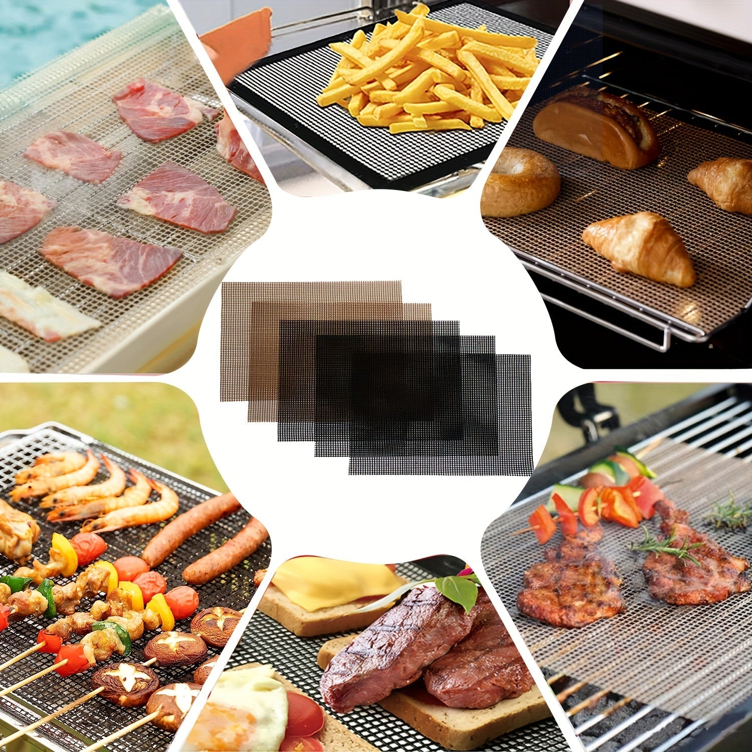 5-Piece BBQ Grill Mat Set Non-Stick Teflon Reusable for Fish Shrimp Meat