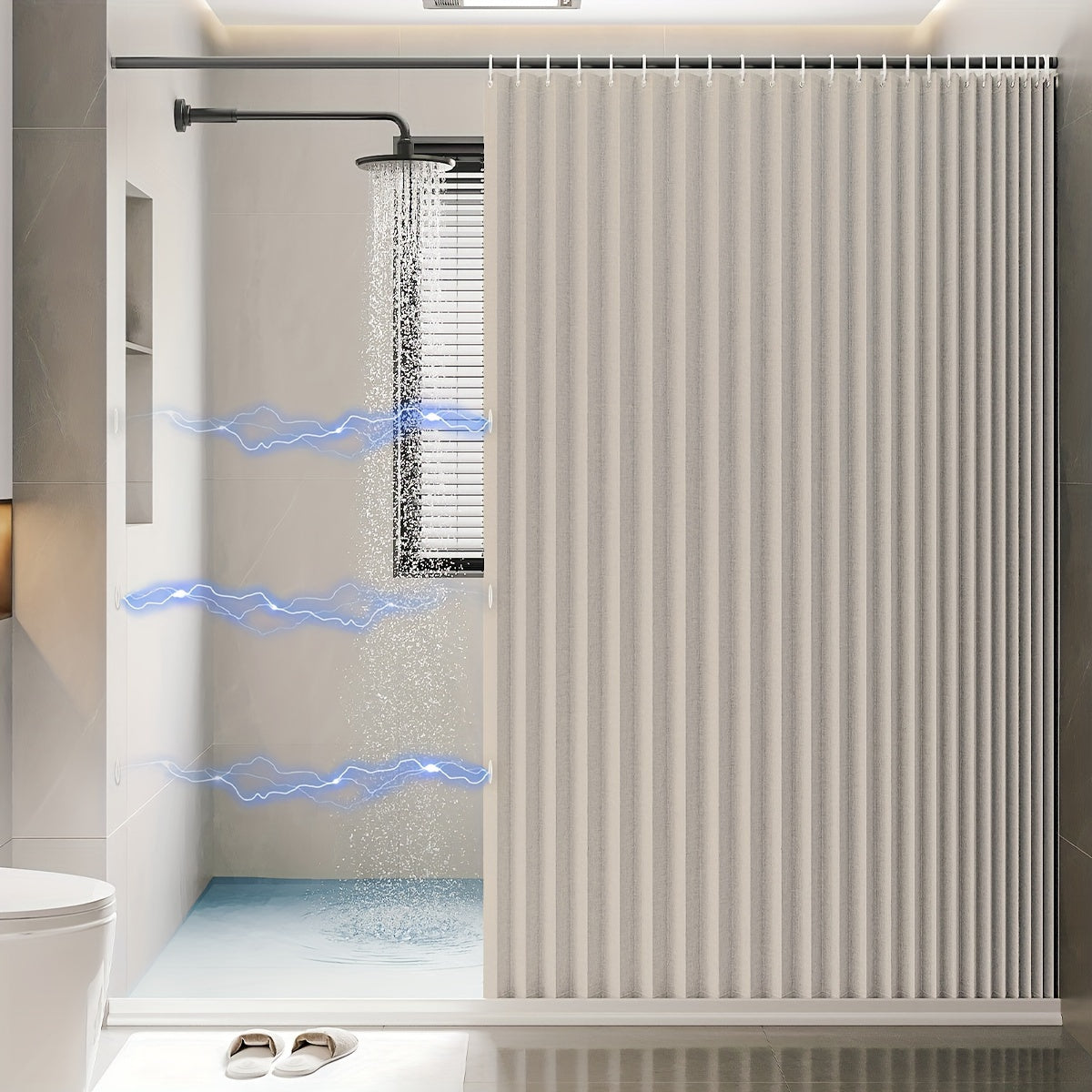 Suv o'tkazmaydigan, magnit so'rish bilan egiluvchan dush pardasi, hammom tualetini ajratish uchun ideal. Quruq va namni ajratish va teshik dizayni bilan osongina osish.