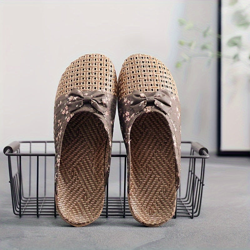 Women's Summer Straw Indoor Slippers Non-Slip Thick Sole Floor Linen
