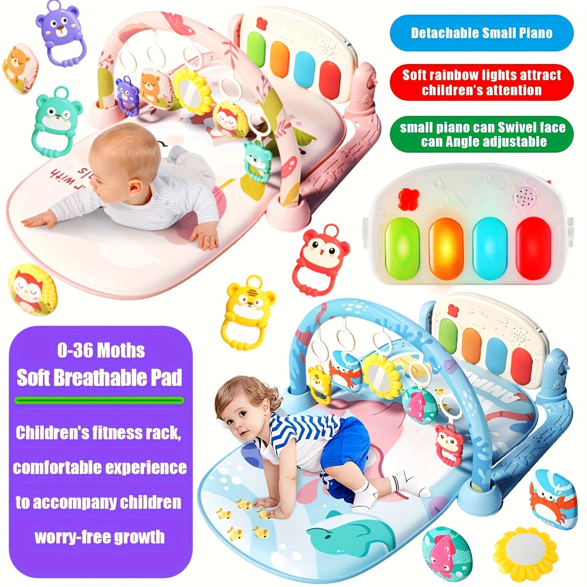 Игровой коврик с ракетной тематикой и музыкальной педалью пианино для малышей в возрасте от 0 до 3 лет, универсальное активное одеяло в синем/красном/зеленом цвете - отличный подарок на дни рождения, праздники и особые случаи.